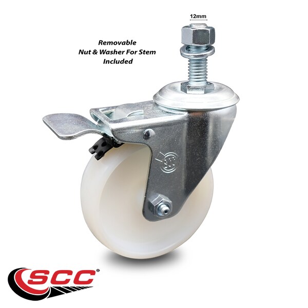 4 Inch Nylon Wheel Swivel 12mm Threaded Stem Caster Total Lock Brake SCC